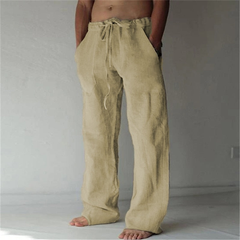 Men's trousers with elastic waistband, drawstring and straight cut made of structured fabric