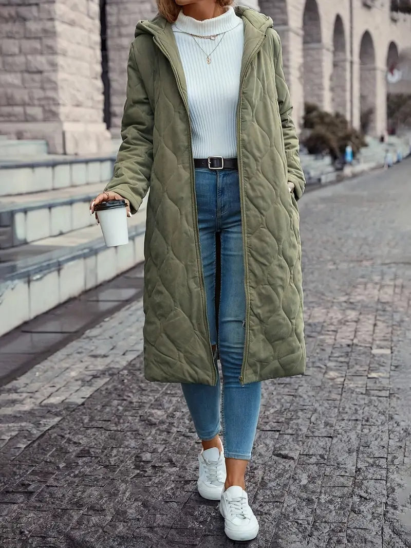 Long quilted coat with hood and zipper closure
