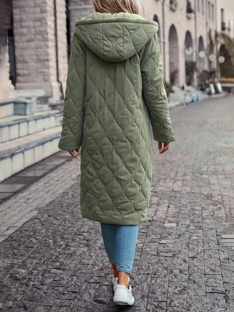 Long quilted coat with hood and zipper closure