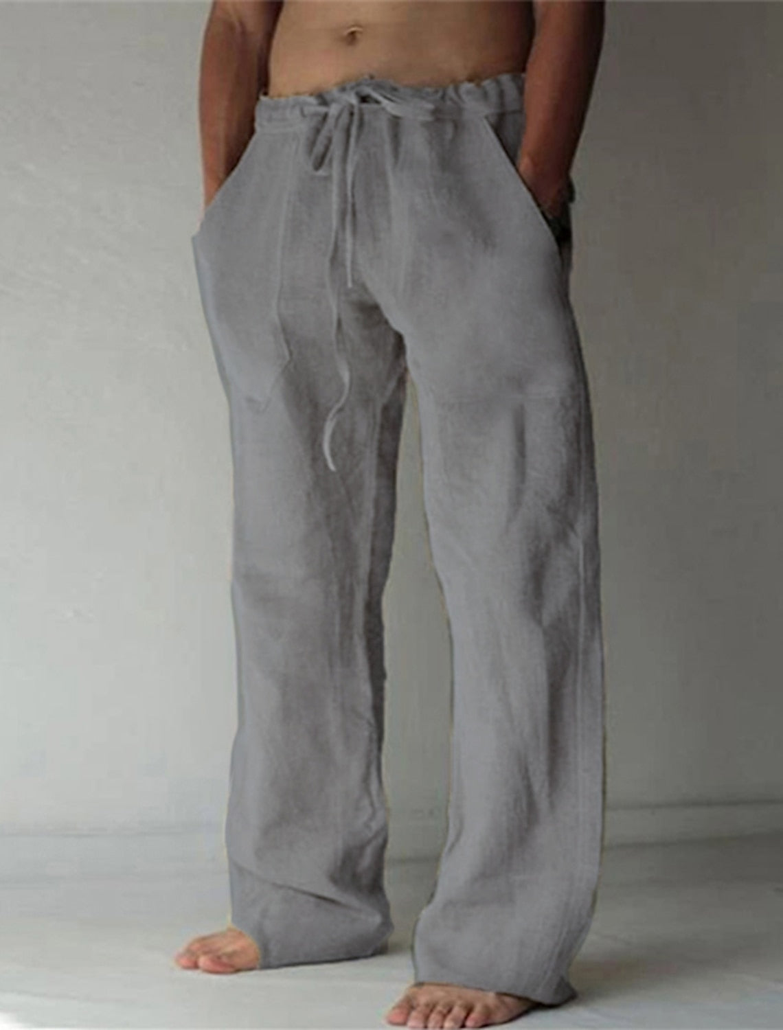 Men's trousers with elastic waistband, drawstring and straight cut made of structured fabric