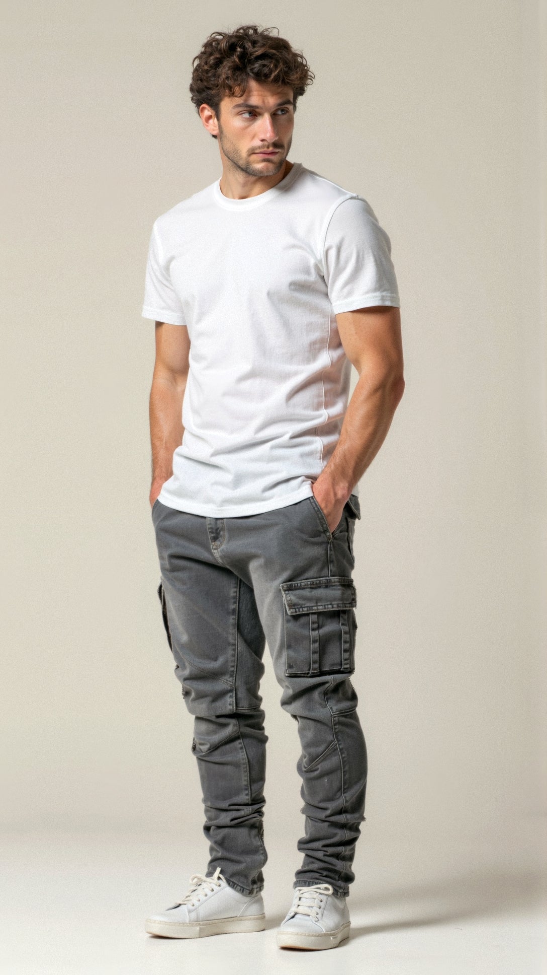 Men's cargo pants with a tapered cut and multiple leg pockets