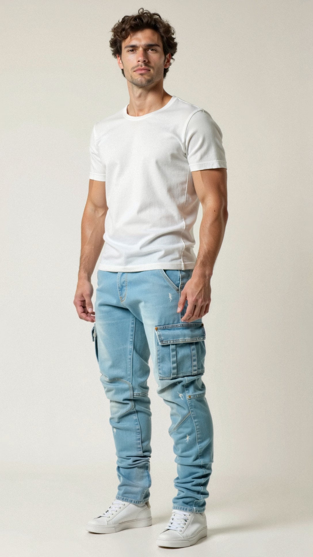 Men's cargo pants with a tapered cut and multiple leg pockets