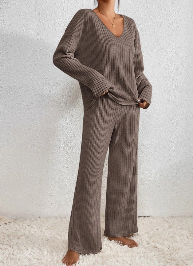 Women’s Two-Piece Loungewear Set with V-Neck Top and Wide-Leg Trousers