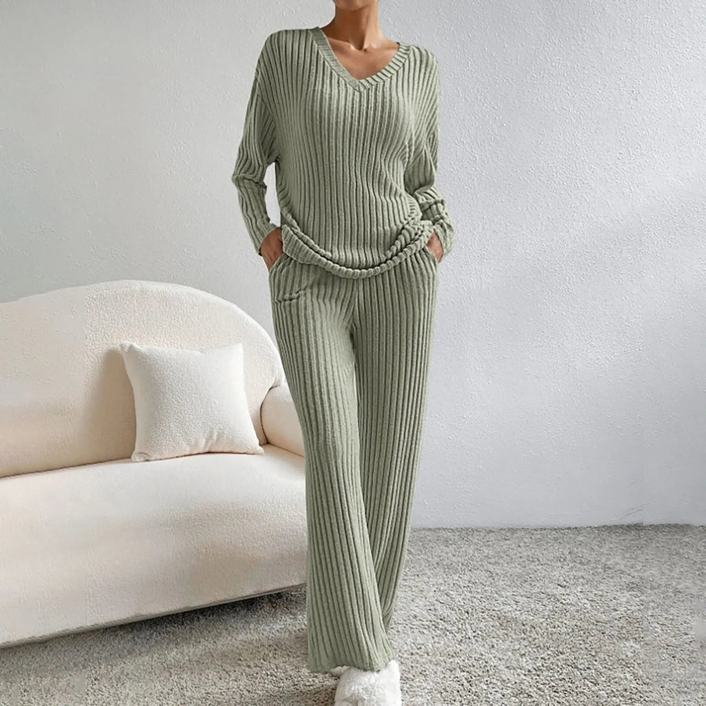 Women’s Two-Piece Loungewear Set with V-Neck Top and Wide-Leg Trousers