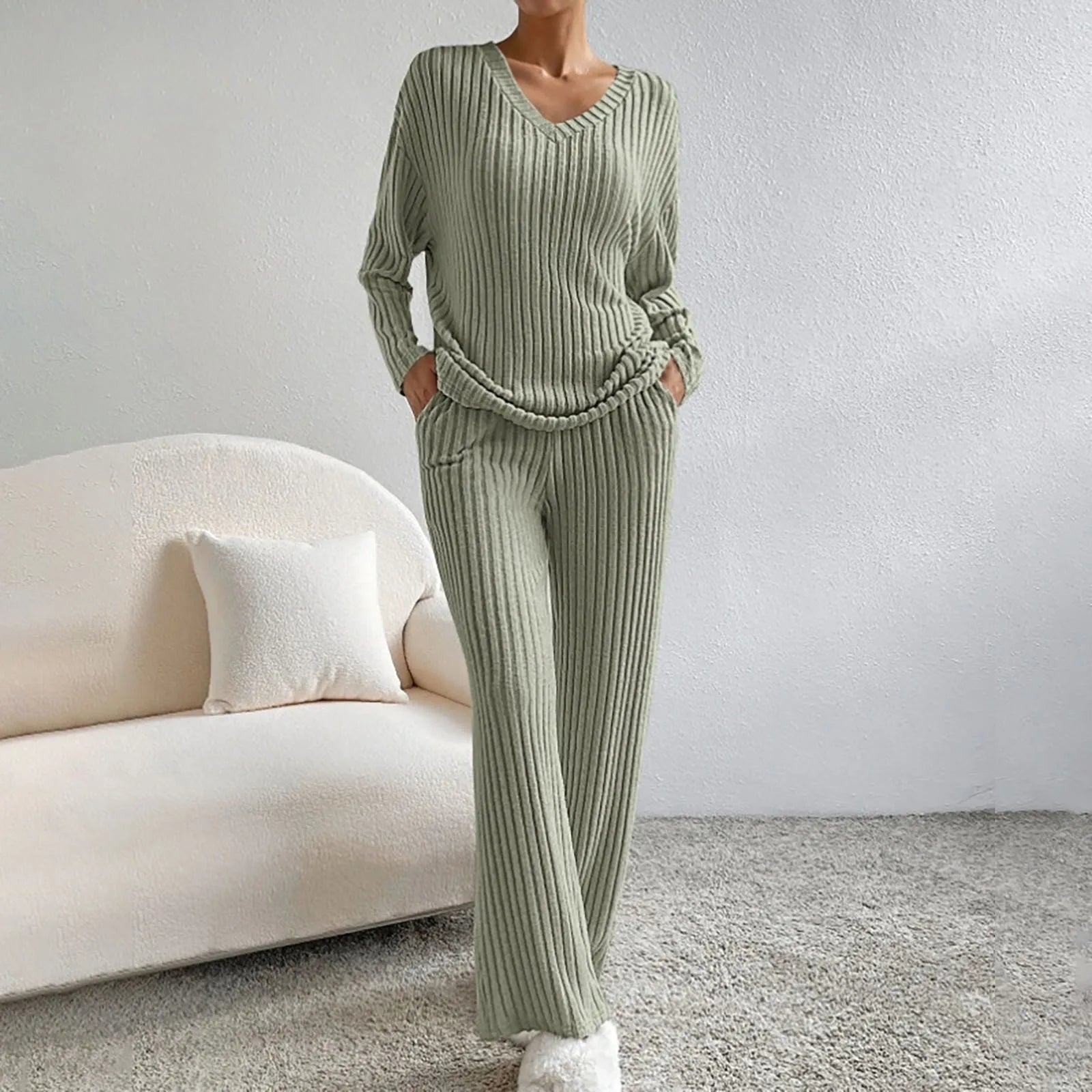 Women’s Two-Piece Loungewear Set with V-Neck Top and Wide-Leg Trousers