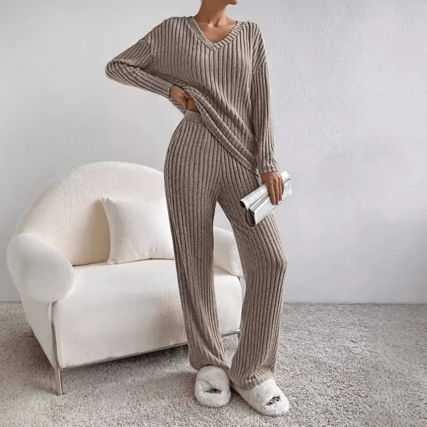Women’s Two-Piece Loungewear Set with V-Neck Top and Wide-Leg Trousers