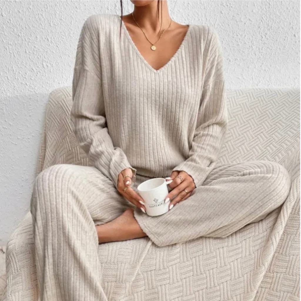 Women’s Two-Piece Loungewear Set with V-Neck Top and Wide-Leg Trousers