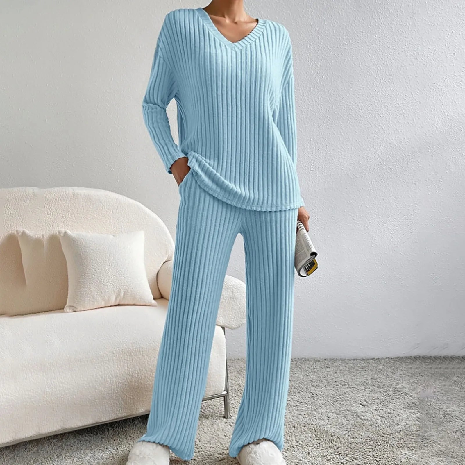 Women’s Two-Piece Loungewear Set with V-Neck Top and Wide-Leg Trousers