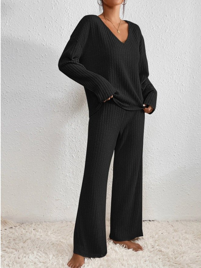 Women’s Two-Piece Loungewear Set with V-Neck Top and Wide-Leg Trousers
