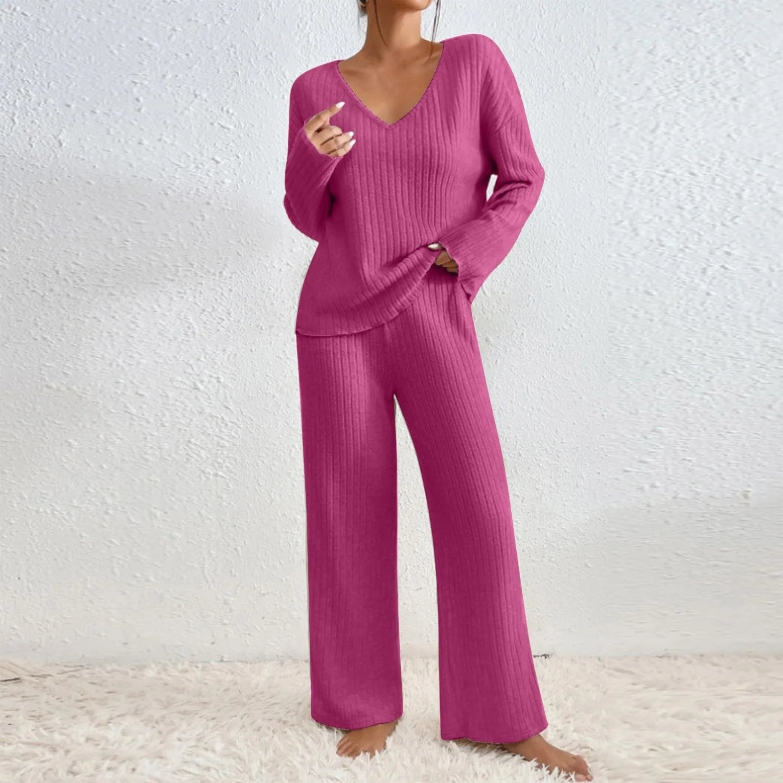 Women’s Two-Piece Loungewear Set with V-Neck Top and Wide-Leg Trousers