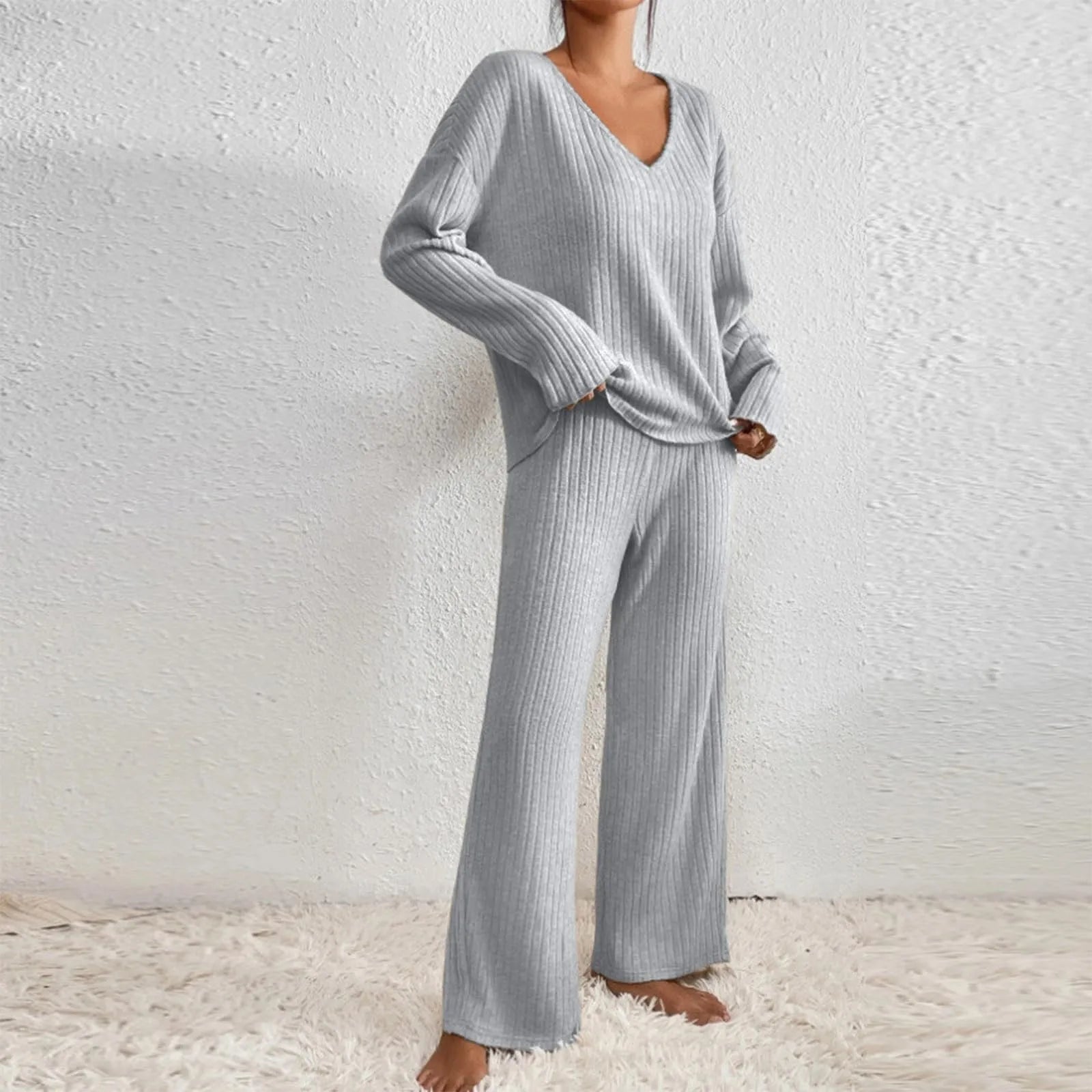 Women’s Two-Piece Loungewear Set with V-Neck Top and Wide-Leg Trousers