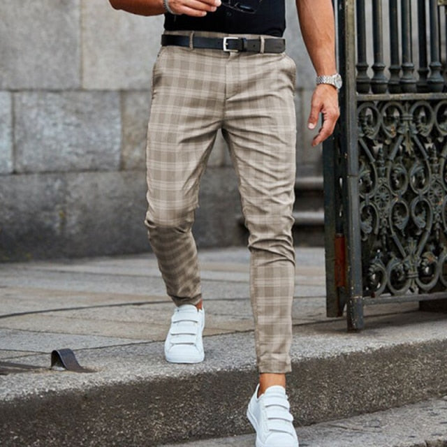 Checked men's trousers with a tapered cut