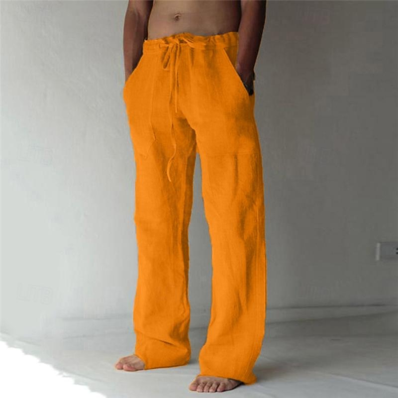 Men's trousers with elastic waistband, drawstring and straight cut made of structured fabric