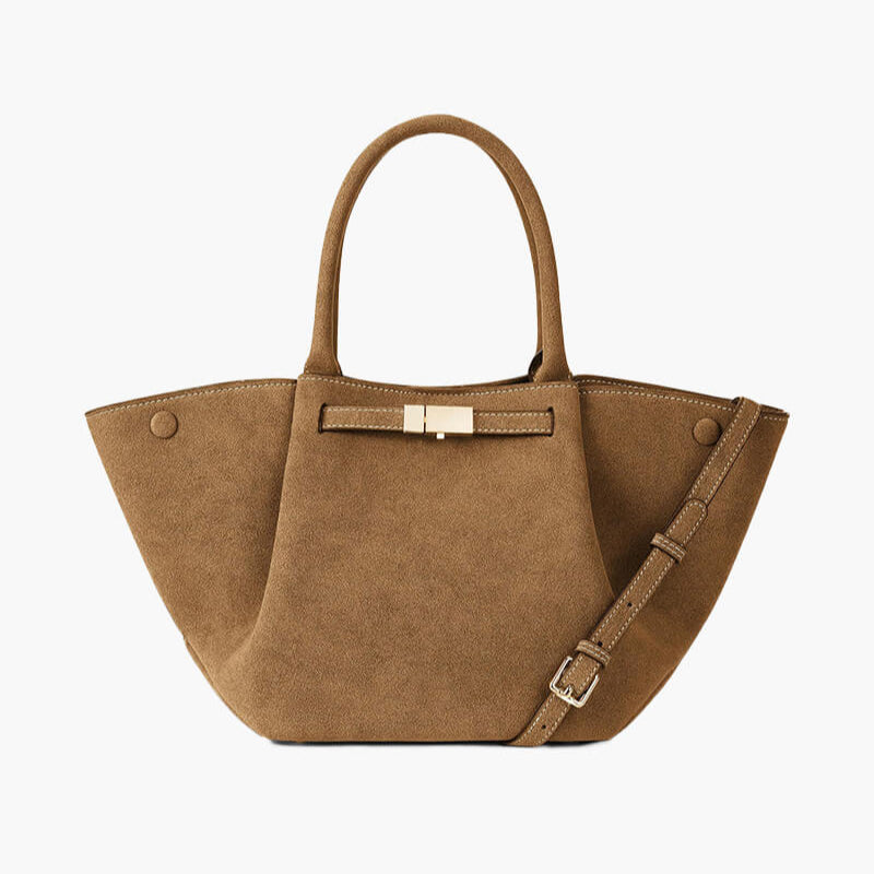 Handbag with handles, detachable strap, and structured design