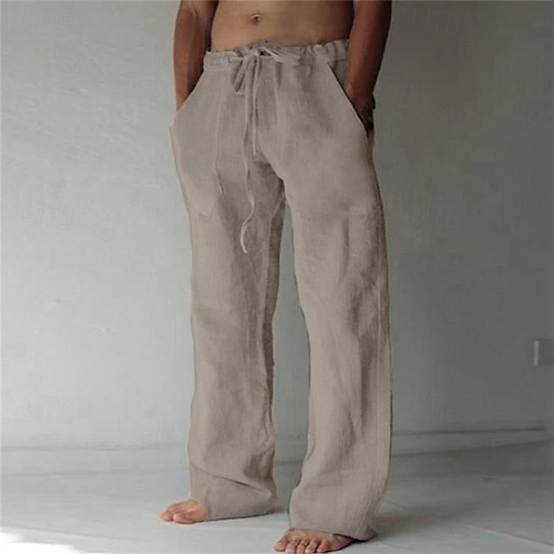 Men's trousers with elastic waistband, drawstring and straight cut made of structured fabric