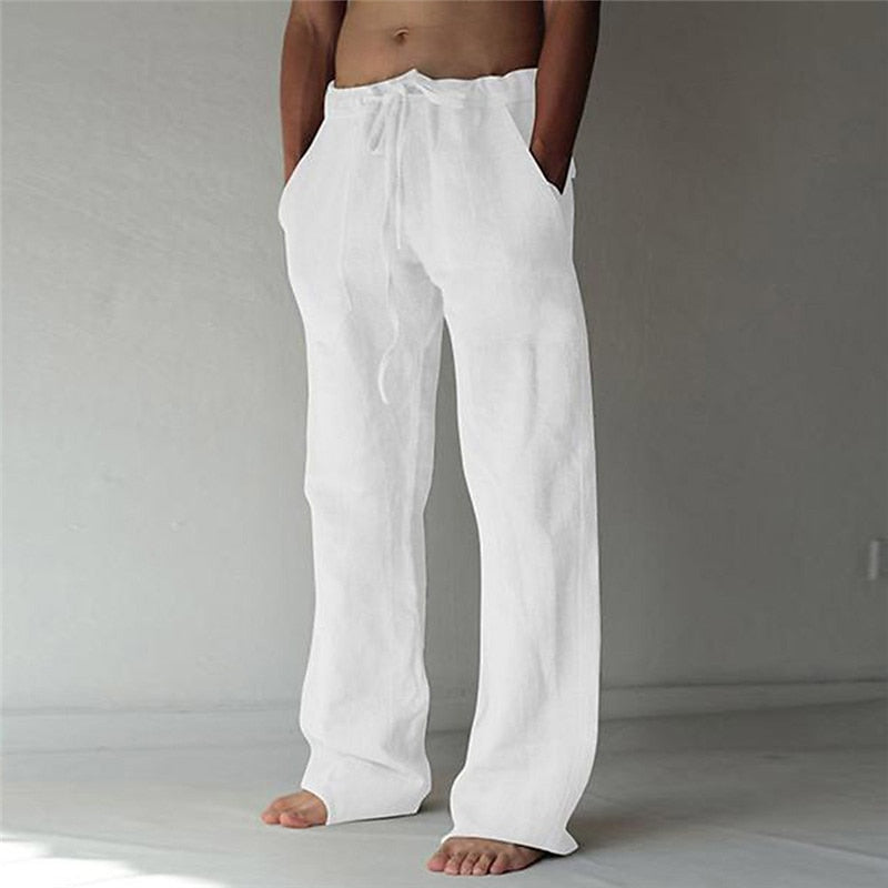 Men's trousers with elastic waistband, drawstring and straight cut made of structured fabric